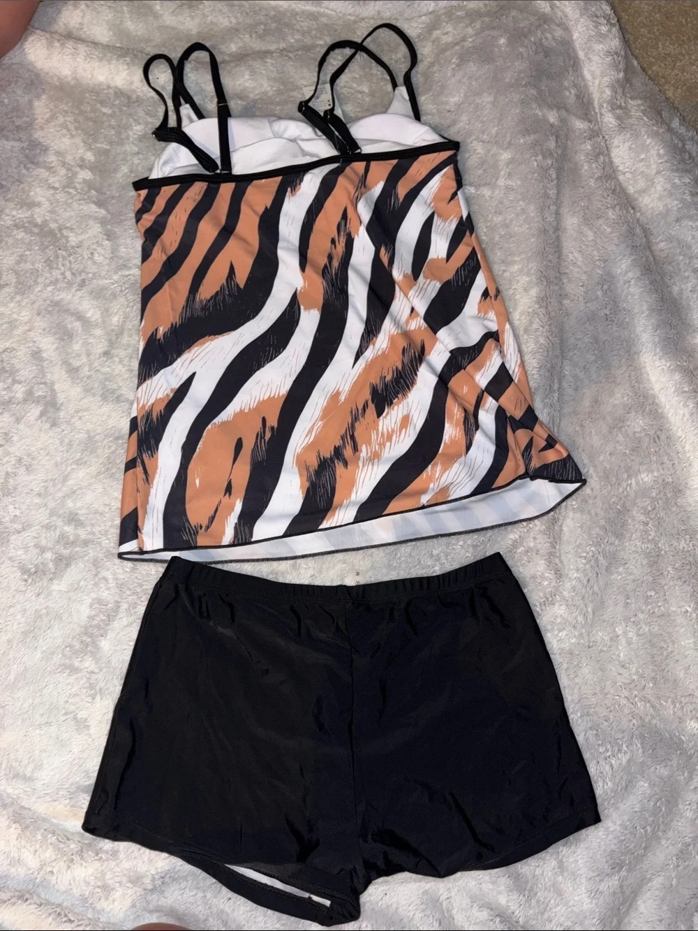 Cupshe Black White and Tan Zebra-Print Tankini with Black Swim Shorts